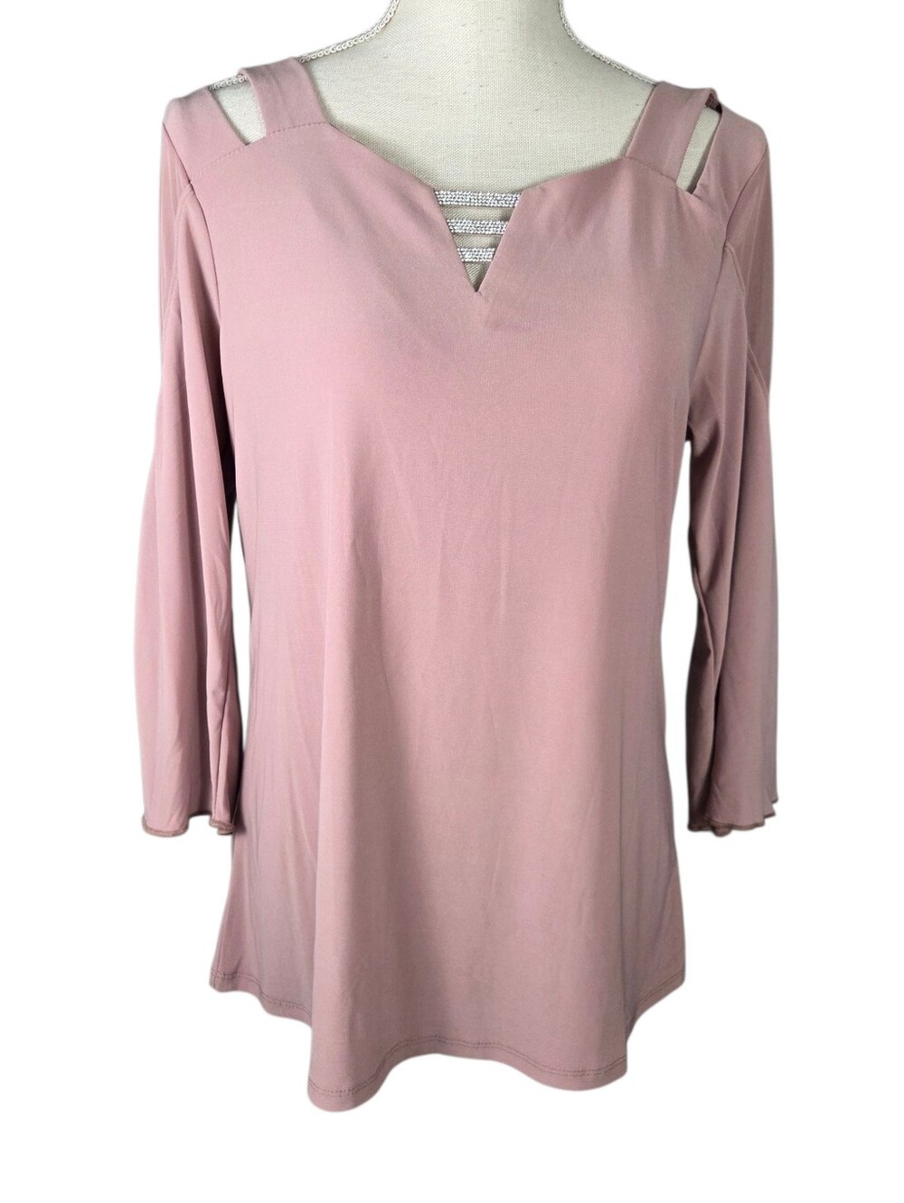 Atelier 29 Dress Top Medium Pink -Stud Stripe Cut Out Accent -Bell Sleeves